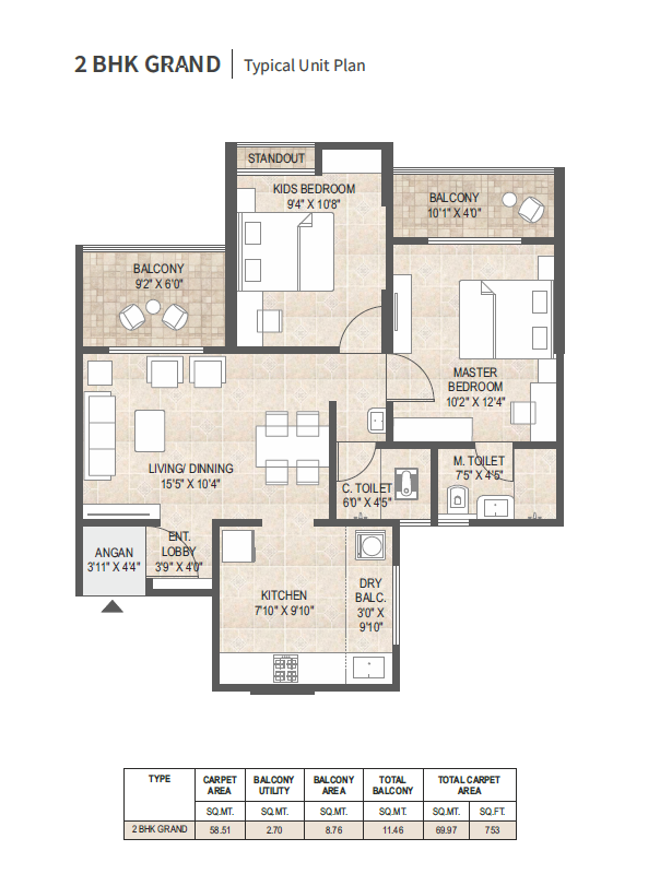 2BHK GRAND Unit Plan Mangalam Midas City Charholi Pune