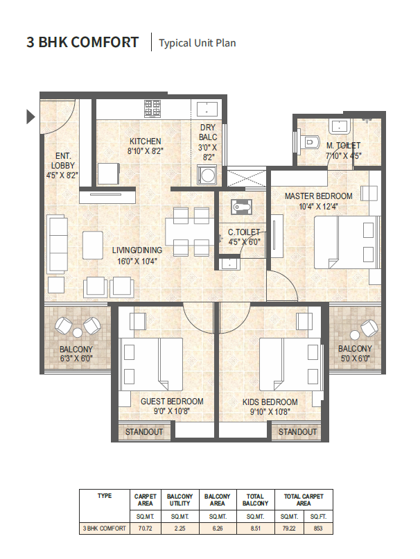 3BHK CONFORT Unit Plan Mangalam Midas City Charholi Pune