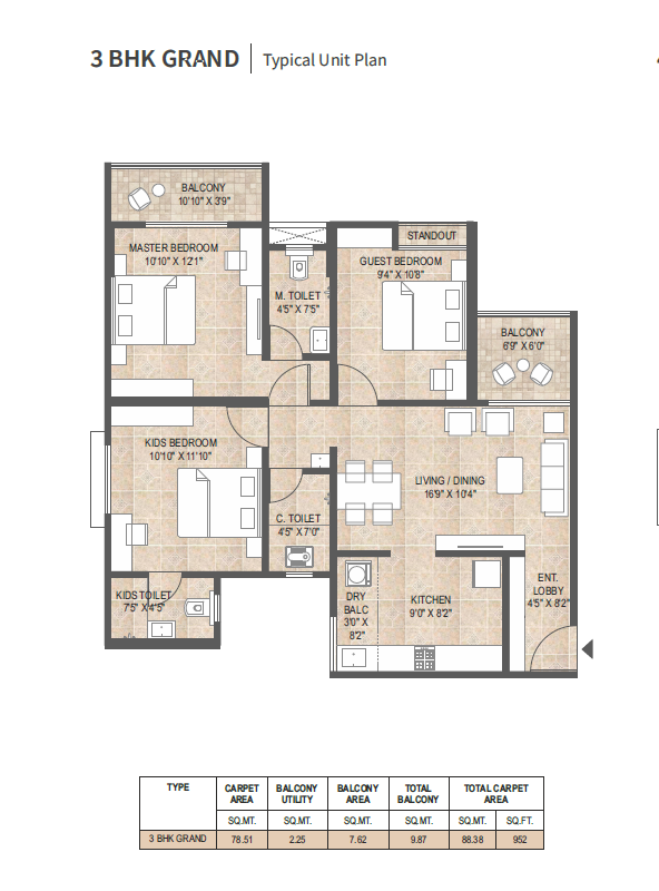3BHK GRAND UNITE PLAN MANGALAM MIDAS CITY CHARHOLI PUNE